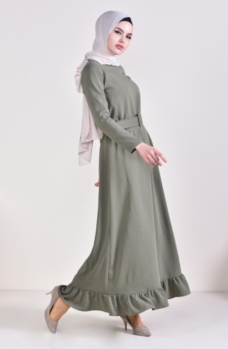 فستان بتفاصيل من الكشكش و حزام للخصر 1656-01 لون أخضر كاكي 1656-01