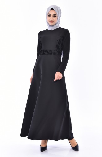 Flok Baskılı Elbise 0055-02 Siyah