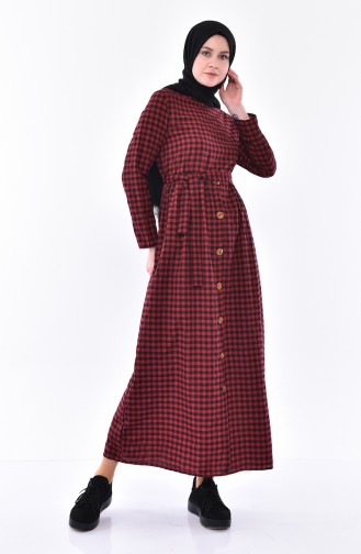 Düğme Detaylı Kareli Elbise 9031-01 Kırmızı