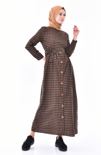 Düğme Detaylı Kareli Elbise 9031-03 Kahverengi