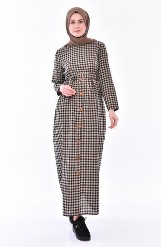 Button Detailed Checkered Dress 9031-04 Mink 9031-04