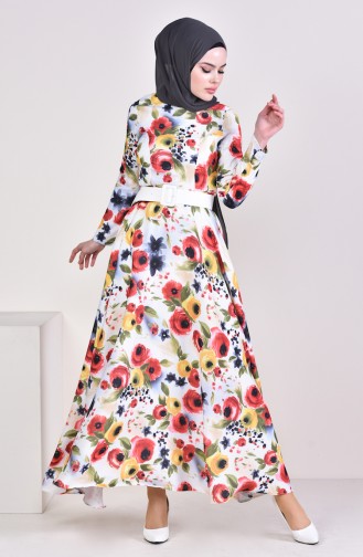 فستان بتصميم مُطبع 1024-01 لون بيج فاتح واخضر كاكي 1024-01