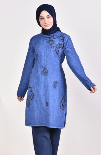 Şile Bezi Desenli Tunik 0005-02 Mavi
