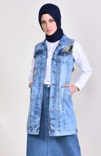 Sequined Pearl Jeans Vest 6054-02 Blue Jeans 6054-02