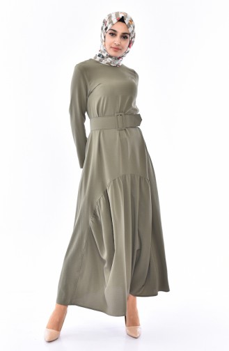 Oval Pleated Belted Dress 1657-04 Khaki 1657-04