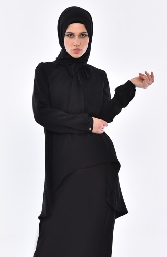 Asymmetrische Tunika mit Krawatte Kragen 1332-05 Schwarz 1332-05