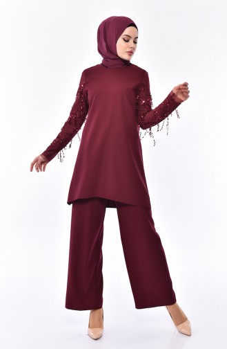 Sequined Sleeve  Tunic Pants Binary Suit 0128-03 Plum 0128-03