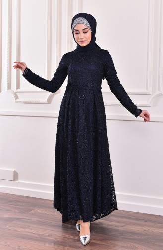 Navy Blue Hijab Evening Dress 0188-02