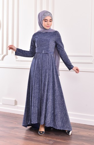 Silvery Belted Evening Dress 9065-01 9065-02 Navy 9065-02