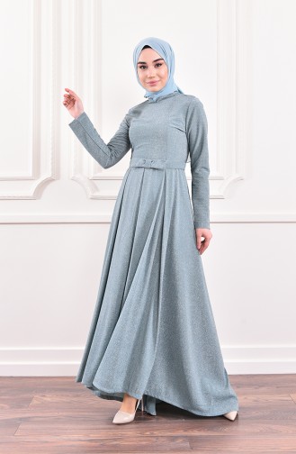 Silvery Belted Evening Dress 9065-06 Cagla Green 9065-06