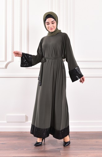 فستان قماش الساندي بتفاصيل من الترتر اللامع 1478-03 لون أخضر كاكي 1478-03