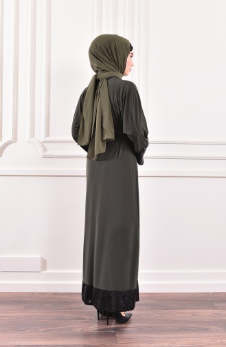 فستان قماش الساندي بتفاصيل من الترتر اللامع 1478-03 لون أخضر كاكي 1478-03