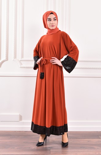 فستان قماش الساندي بتصميم كسرات 1478-05 لون قرميدي 1478-05
