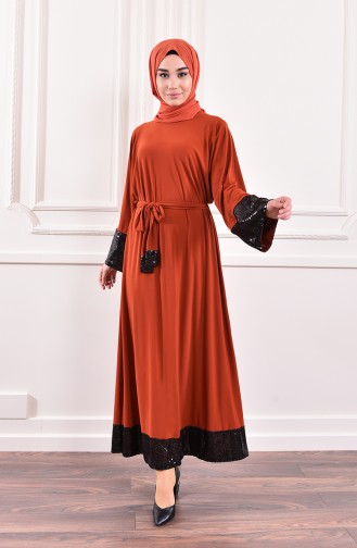 فستان قماش الساندي بتصميم كسرات 1478-05 لون قرميدي 1478-05