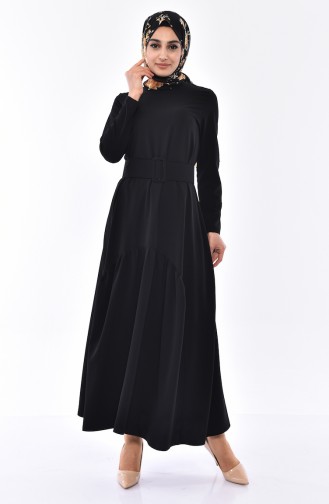 Oval Pleated Belted Dress 1657-02 Black 1657-02