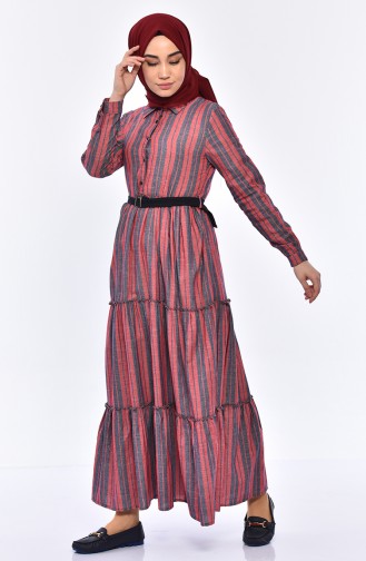 فستان بتصميم مُخطط وحزام للخصر  1931-01 لون خمري و كحلي 1931-01