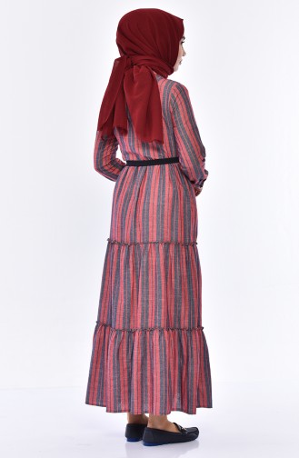 فستان بتصميم مُخطط وحزام للخصر  1931-01 لون خمري و كحلي 1931-01