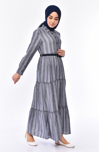 Belted Striped Dress  1931A-01 Navy Blue 1931A-01