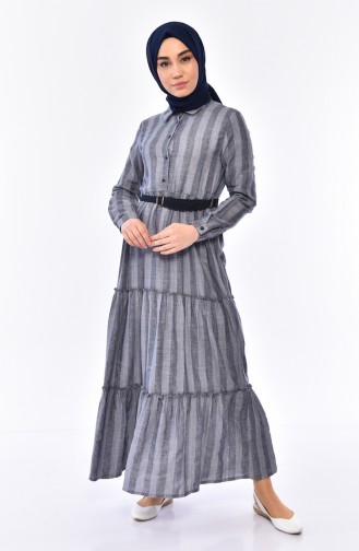 Kemerli Çizgili Elbise 1931A-01 Lacivert