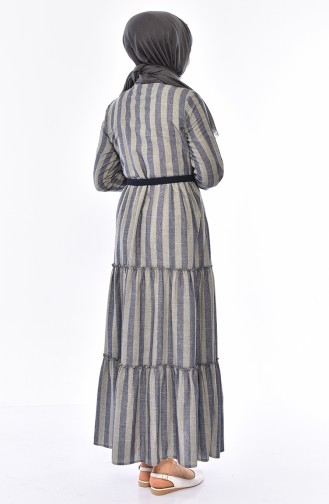فستان بتصميم مُخطط وحزام للخصر 1931 A-02 لون أخضر كاكي 1931A-02