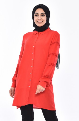 Kolu Fırfırlı Doğal Kumaş Tunik 6132-01 Kırmızı