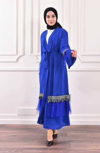 Pul Detaylı Kuşaklı Abaya 0575-05 Saks 0575-05