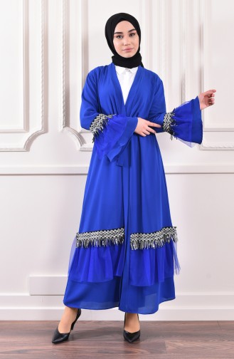 Pul Detaylı Kuşaklı Abaya 0575-05 Saks 0575-05