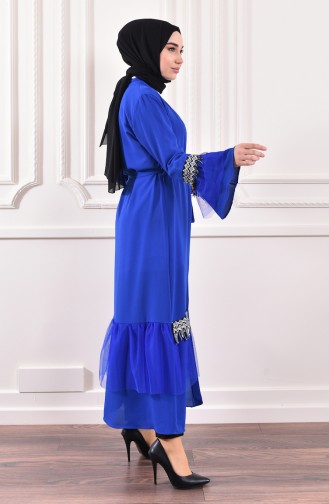 Pul Detaylı Kuşaklı Abaya 0575-05 Saks 0575-05