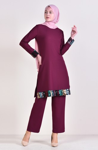 Sequined Tunic Pants Binary Suit 4122-04 Cherry 4122-04