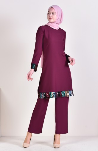 Sequined Tunic Pants Binary Suit 4122-04 Cherry 4122-04