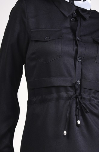 Beli Büzgülü Düğmeli Elbise 2062A-01 Siyah 2062A-01