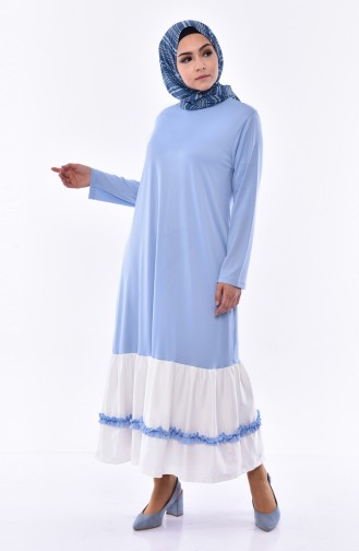 فستان بتفاصيل من الكشكش 4999-02 لون ازرق فاتح 4999-02