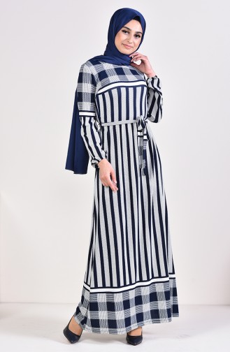 Striped Dress 0312-02 Light Beige Navy Blue 0312-02