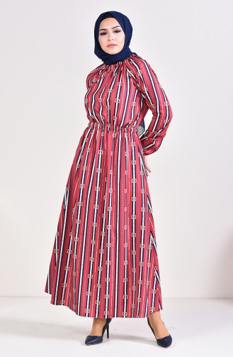 فستان صيفي بتصميم مزموم عند الخصر 5116B-02 لون خمري وكحلي 5116B-02