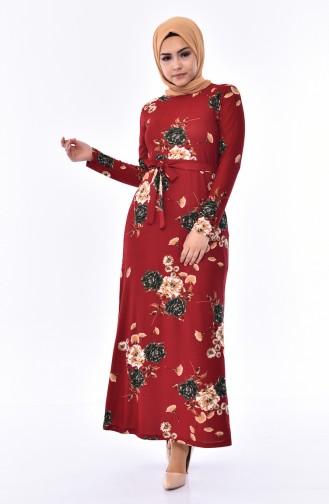 Patterned Belted Dress  4190-02 Claret Red 4190-02