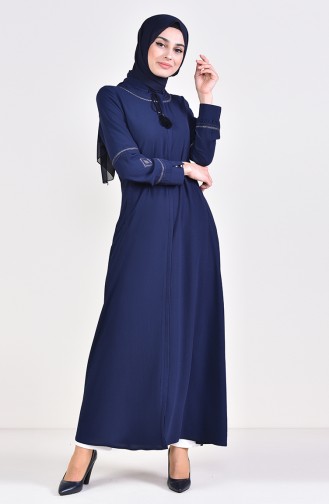 Embroidered Linen Looking Abaya 5925-01 Navy Blue 5925-01