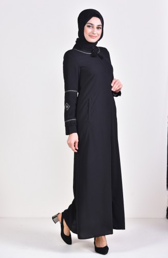 Embroidered Linen Looking Abaya 5925-02 Black 5925-02
