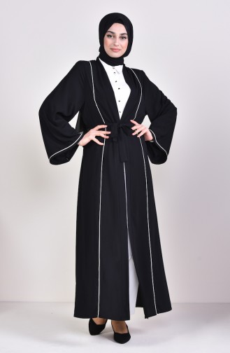 Şeritli Abaya 7832-01 Siyah