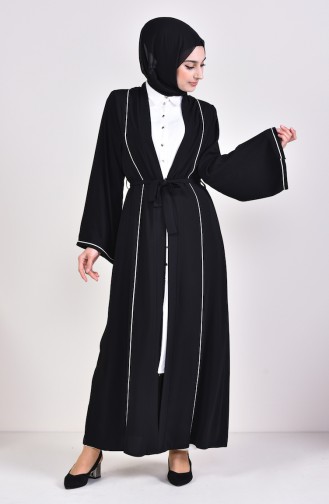 Şeritli Abaya 7832-01 Siyah