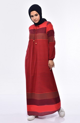 Çizgili A Pile Elbise 1010-07 Kırmızı