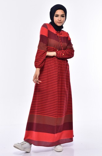 فستان بتصميم مُخطط 1010-07لون احمر 1010-07