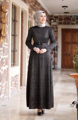 Belt Detailed Silvery Evening Dress  3208-04 Black 3208-04