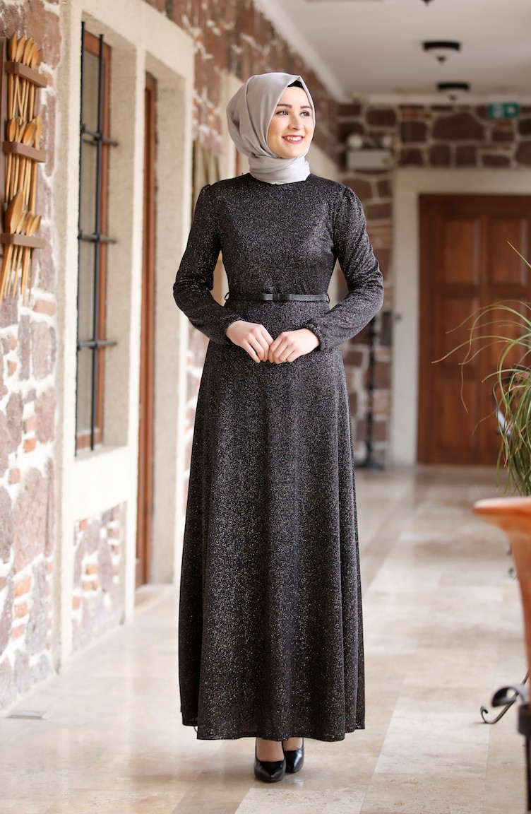 Belt Detailed Silvery Evening Dress  3208-04 Black 3208-04