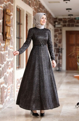 Belt Detailed Silvery Evening Dress 3208-04 Black 3208-04