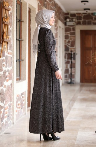 Belt Detailed Silvery Evening Dress 3208-04 Black 3208-04