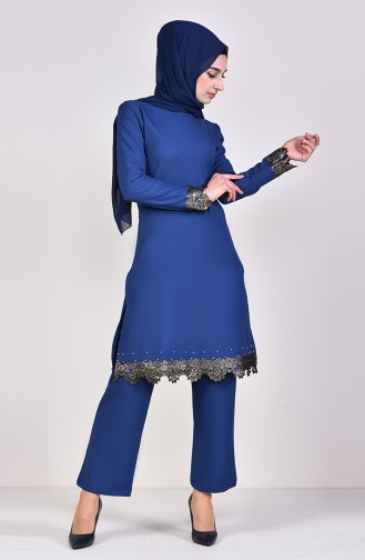 Lace Detailed Tunic Pants Binary Suit  4121-03 Indigo 4121-03