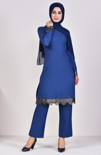 Lace Detailed Tunic Pants Binary Suit  4121-03 Indigo 4121-03