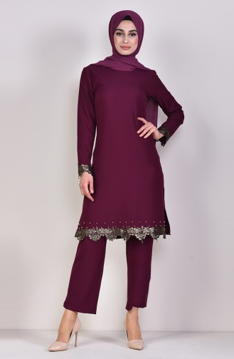 Lace Detailed Tunic Pants Binary Suit 4121-05 Plum 4121-05