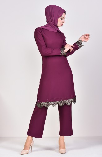 Lace Detailed Tunic Pants Binary Suit 4121-05 Plum 4121-05