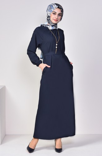 فستان بتصميم حزام للخصر مُزين بقلادة 5255-07 لون كحلي 5255-07